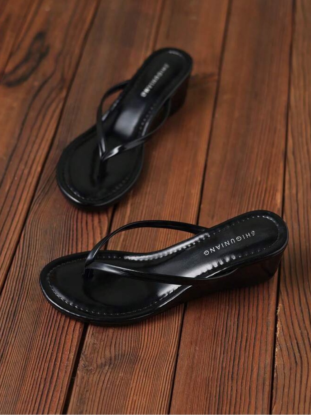 SHEIN Black Patent Wedge Thong Sandals